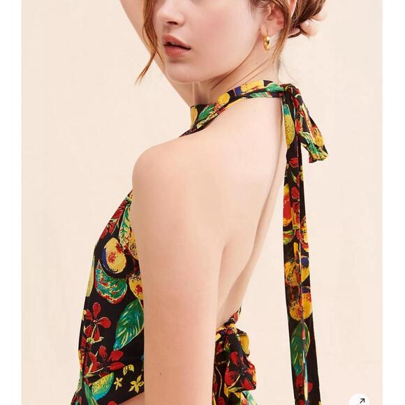 Free People Coral Tides Romper Halter Tropical Fruit Print Open Back Boho XS NWT - Picture 4 of 12